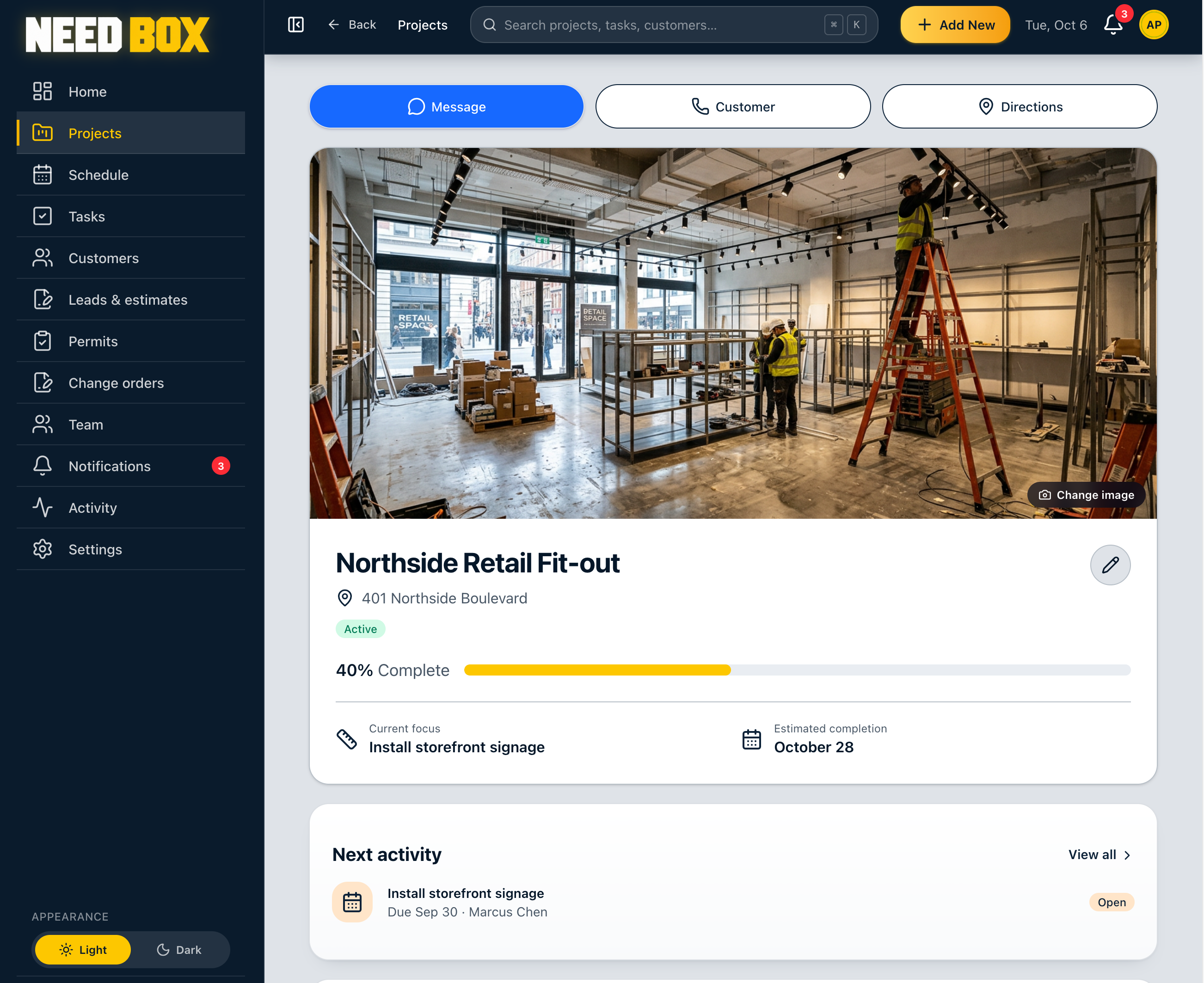 A Need Box project page showing progress, current focus, next activity and quick message, call and directions buttons