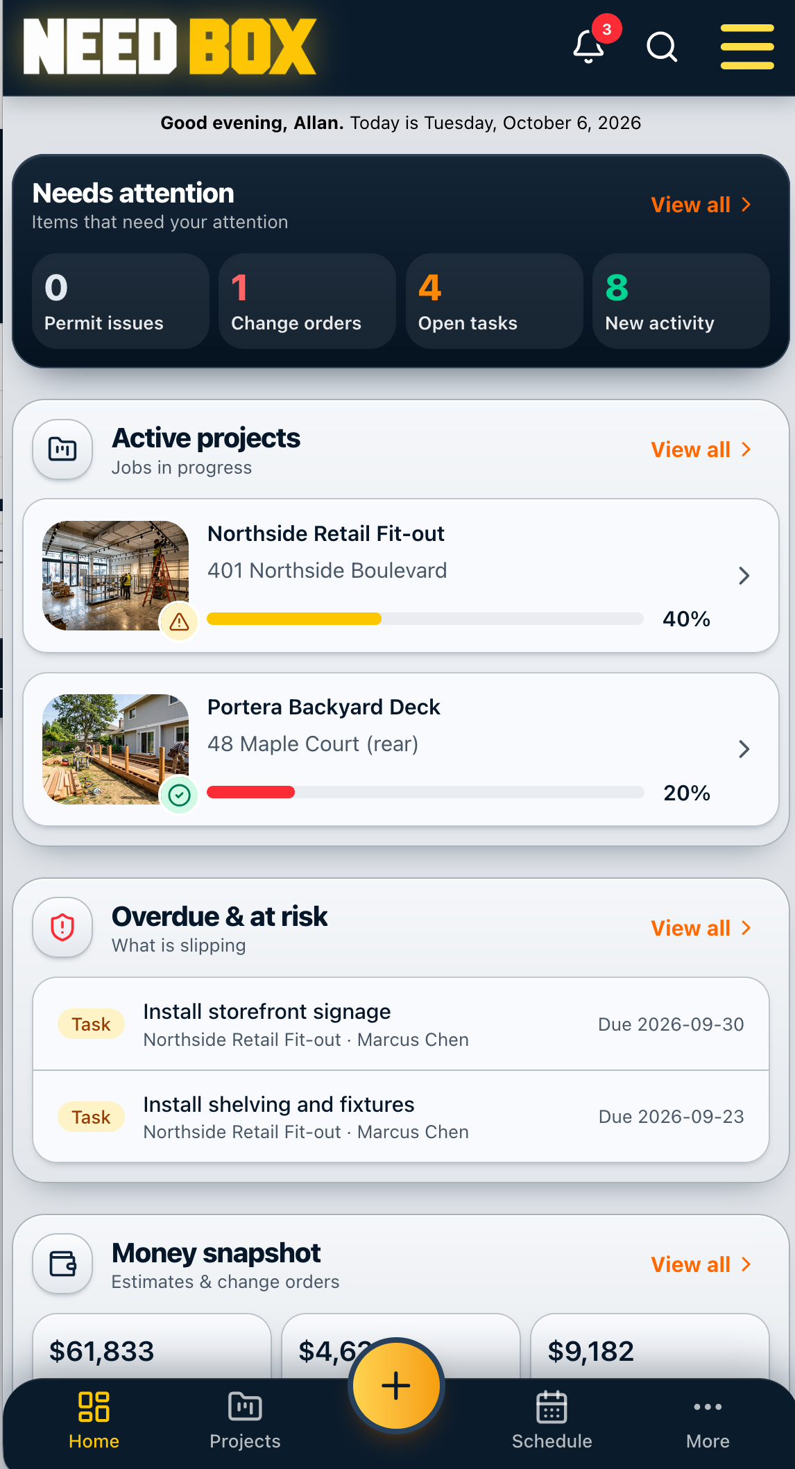The Need Box mobile app showing items that need attention and a list of active projects
